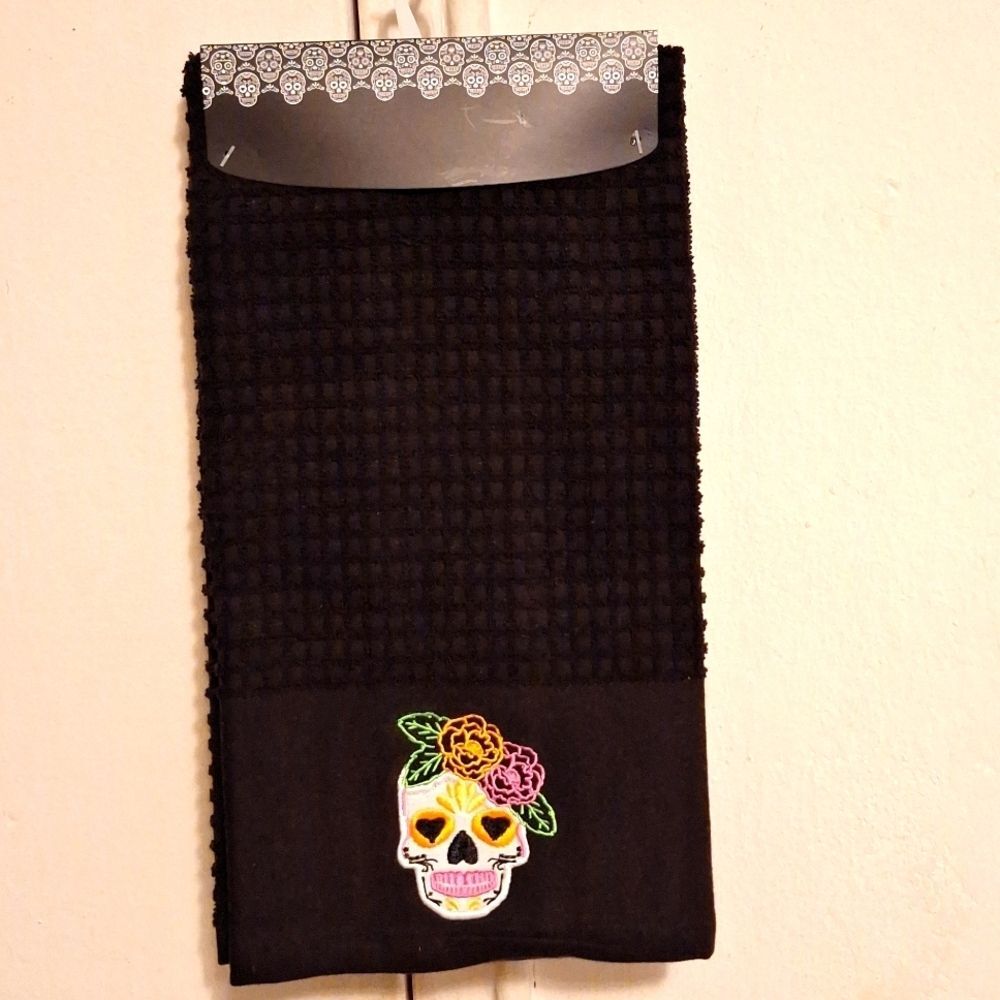 black cotton day of the dead skull kitchen towels